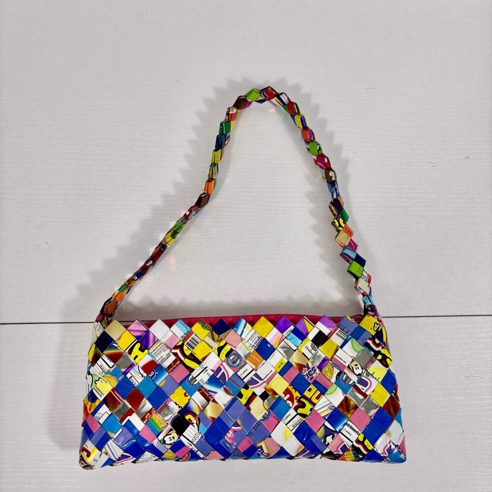 Vintage Candy Wrapper Vibrant Multicolor Woven Shoulder Bag Bin4